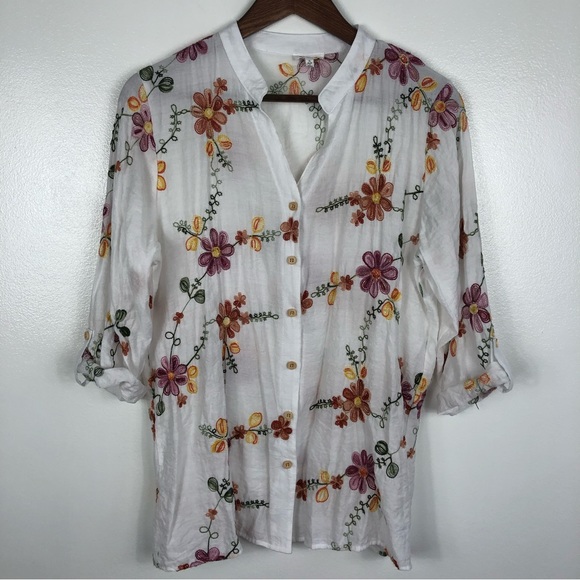 Anthropologie Kindred Button Front Embroidered Peasant Boho Cottage Blouse XL - Picture 1 of 7